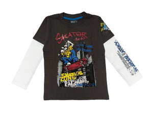 Boys Grey Skater Zone Print Layer Long Sleeve Cotton T-Shirt