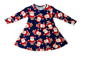 Girls Navy & Red Snowman Santa Claus Long Sleeve Swing Christmas Dress