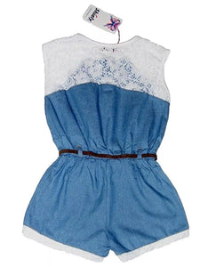 Girls Blue Lace Trim Elasticated Waist Belted Summer Playsuit