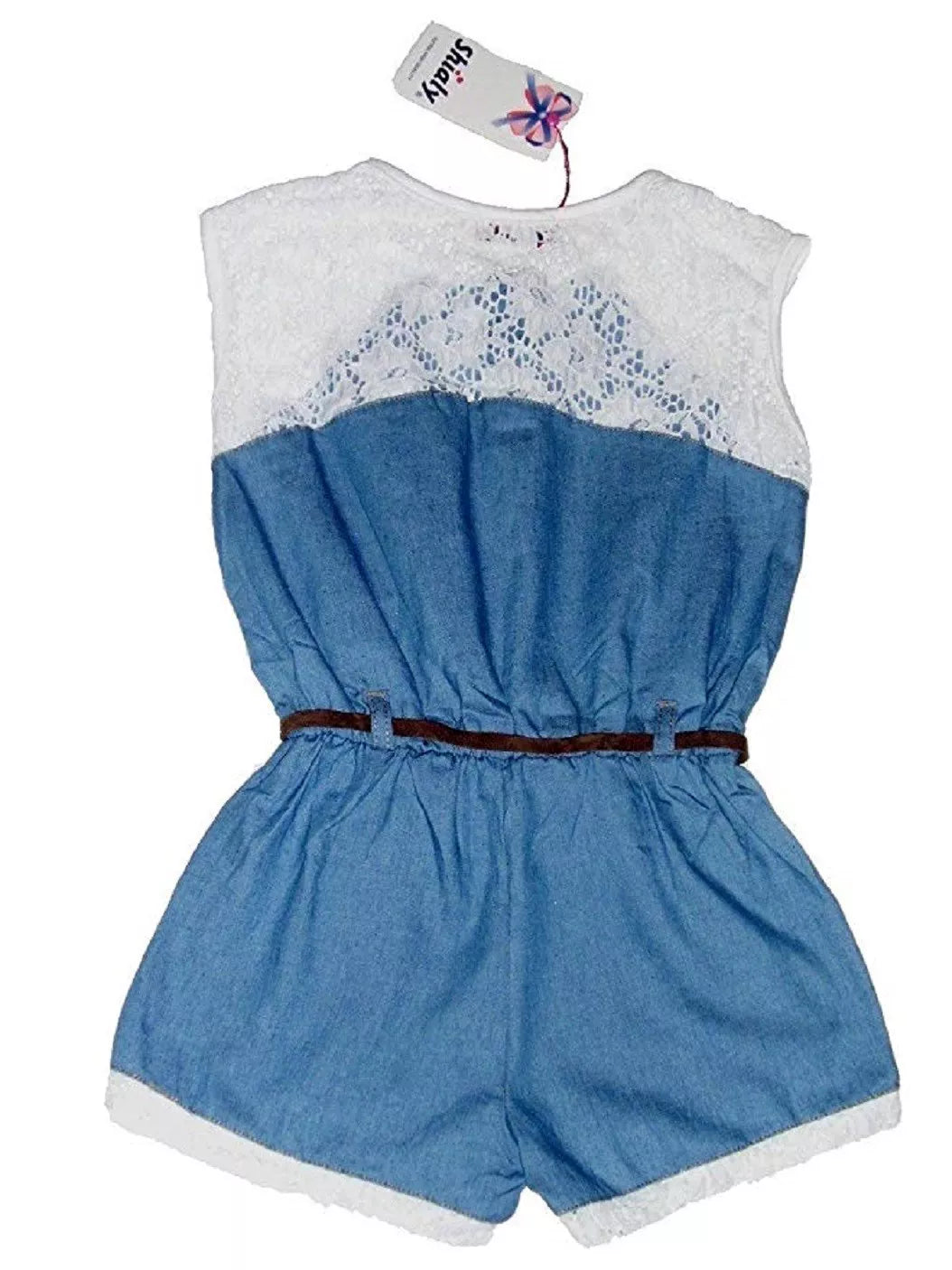 Girls Blue Lace Trim Elasticated Waist Belted Summer Playsuit