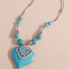 Load image into Gallery viewer, Ladies Silver Turquoise Beads Heart Pendant Water Drop Ethnic Bohemian Necklace
