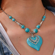 Load image into Gallery viewer, Ladies Silver Turquoise Beads Heart Pendant Water Drop Ethnic Bohemian Necklace
