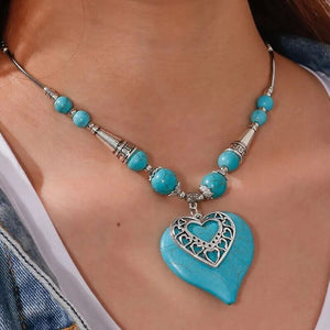 Ladies Silver Turquoise Beads Heart Pendant Water Drop Ethnic Bohemian Necklace