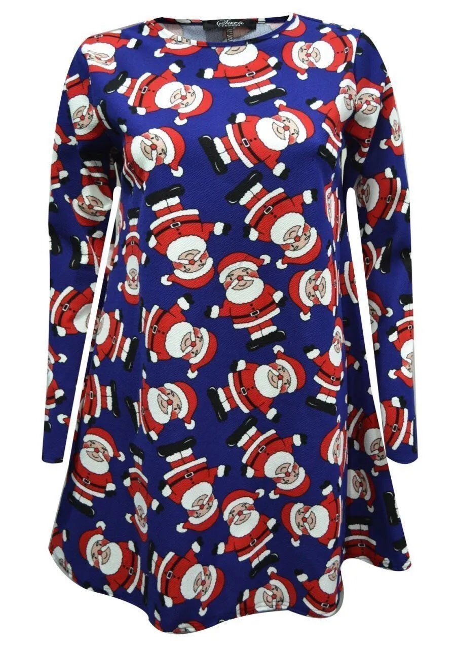 Girls Navy & Red Snowman Santa Claus Long Sleeve Swing Christmas Dress