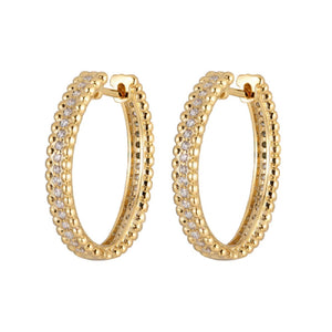 Elegant Gold Oval Beaded Trim Middle Zircon Creole Hoop Earrings