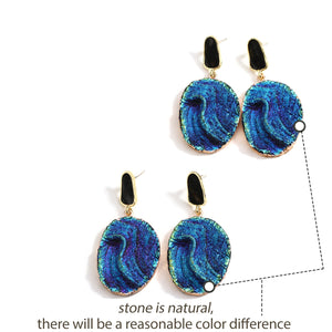 Ladies Blue Vintage Abstract Natural Round Stone Volcanic Rock Dangle Earrings