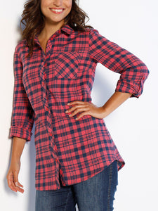 Ladies Red & Black Multi Plaid Checked Cotton Long Sleeve Shirt Tops