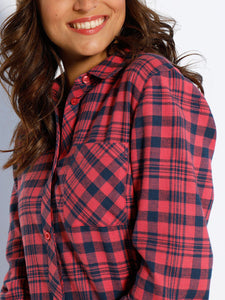 Ladies Red & Black Multi Plaid Checked Cotton Long Sleeve Shirt Tops