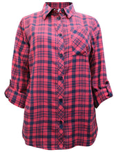 Load image into Gallery viewer, Ladies Red &amp; Black Multi Plaid Checked Cotton Long Sleeve Shirt Tops
