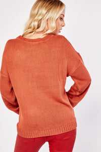 Ladies Rust Cable Knit Pattern Long Sleeve Regular Fit Jumper